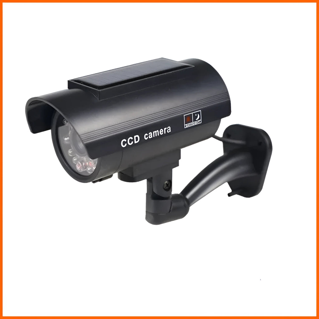 Black gun-style fake surveillance camera with solar simulation flashing light for security deterrent