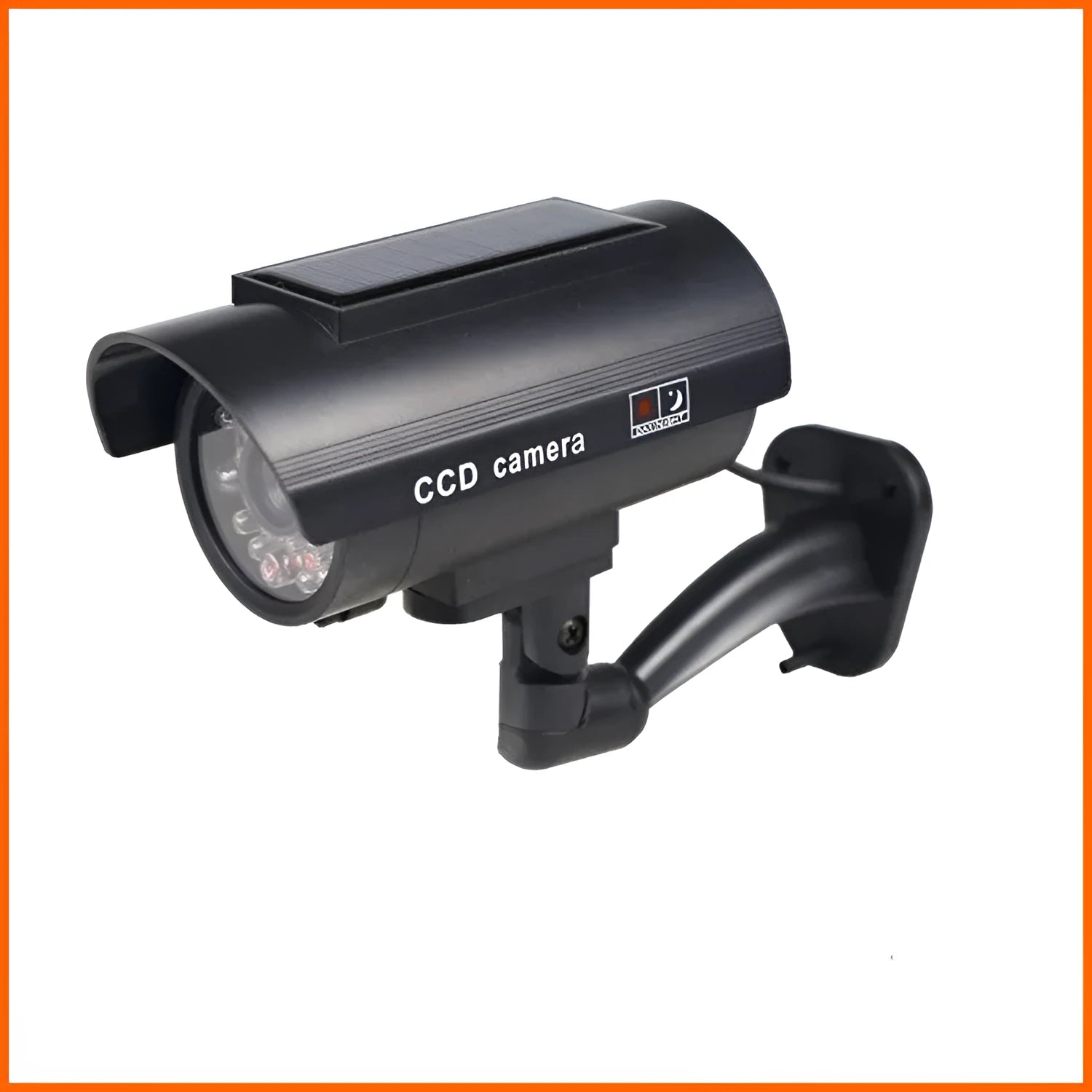 Black gun-style fake surveillance camera with solar simulation flashing light for security deterrent