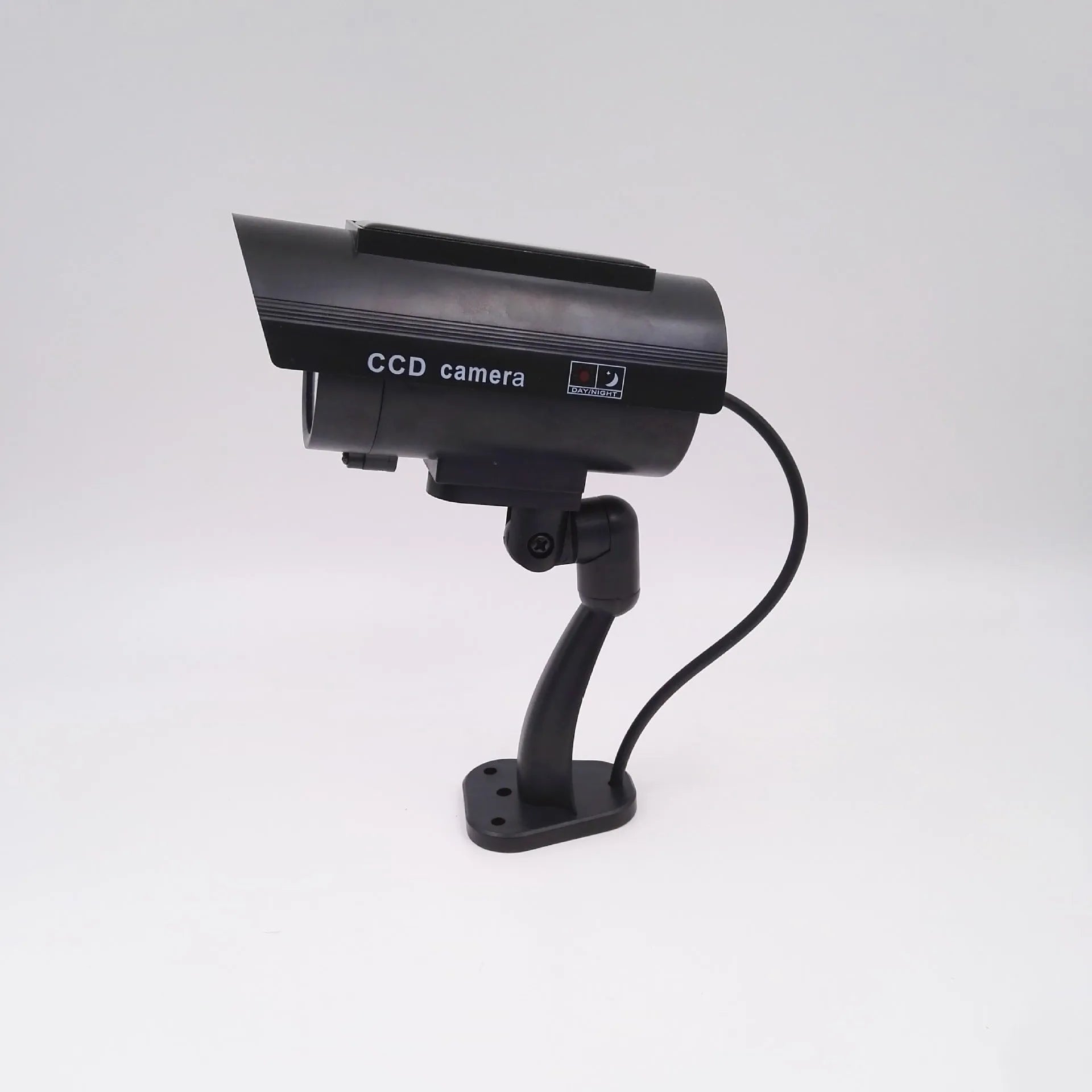 Black gun-style fake surveillance camera with solar simulation flashing light for security deterrent