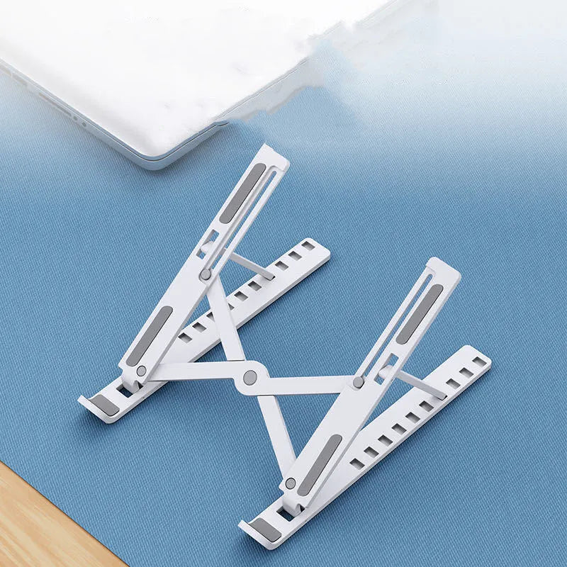 Black desktop folding bracket showing 10-position adjustable height mechanism for laptop cooling