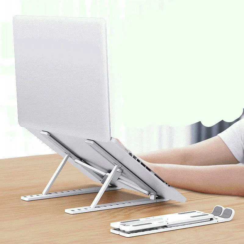 Black desktop folding bracket showing 10-position adjustable height mechanism for laptop cooling