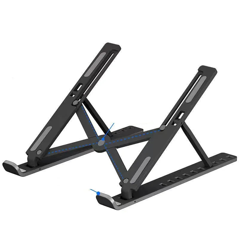 Black desktop folding bracket showing 10-position adjustable height mechanism for laptop cooling