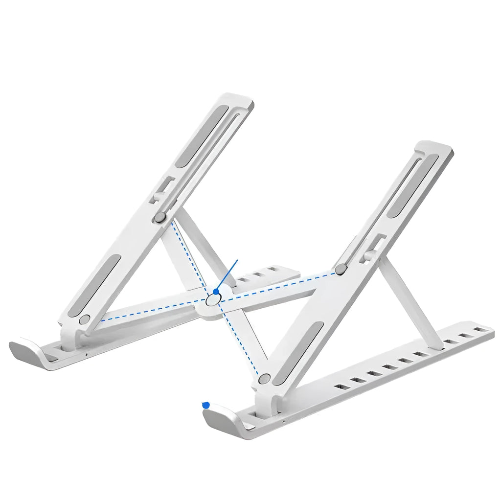 Black desktop folding bracket showing 10-position adjustable height mechanism for laptop cooling