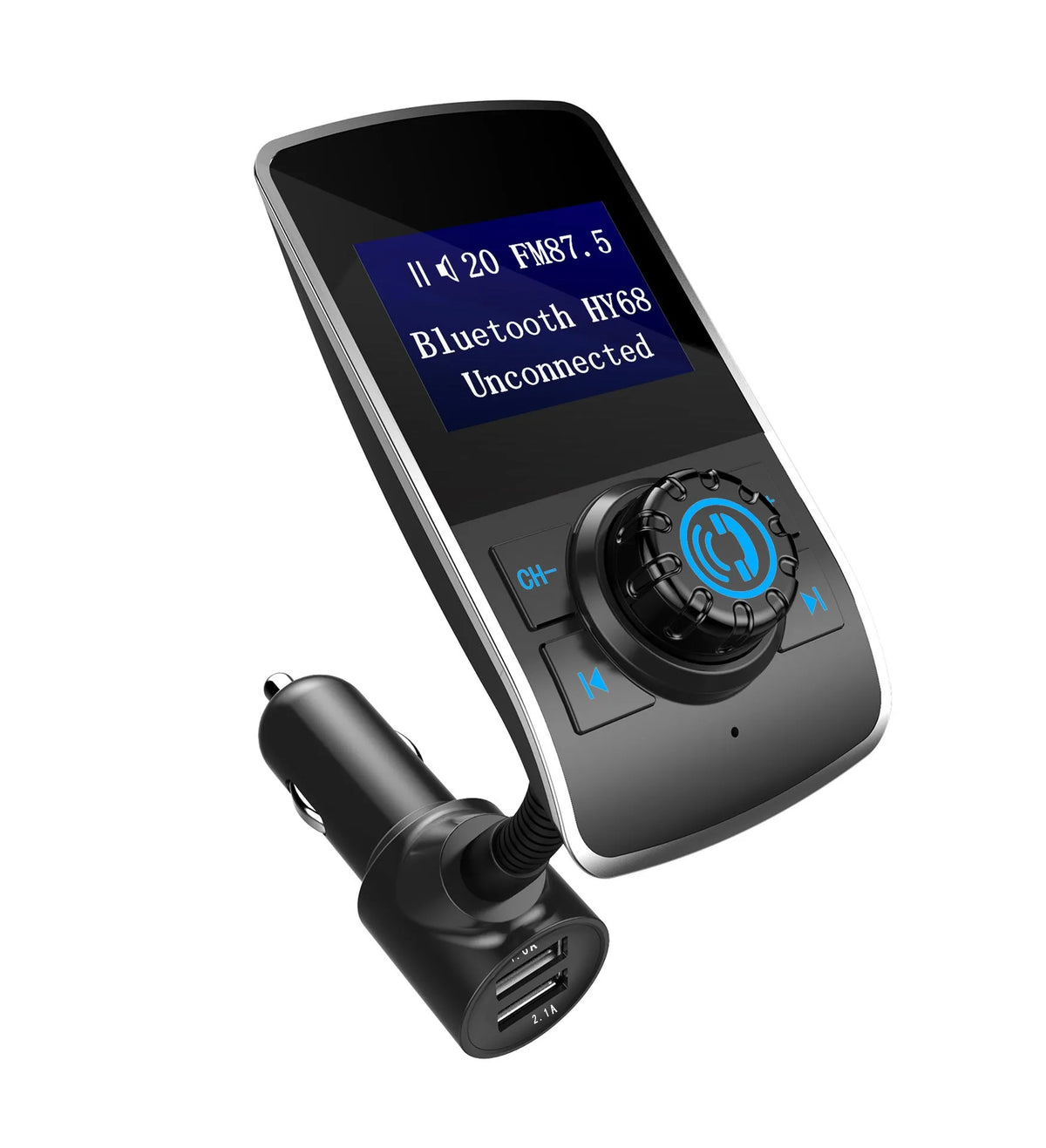 Silver car Bluetooth MP3 FM transmitter with OLED colour screen plugged into cigarette lighter socket