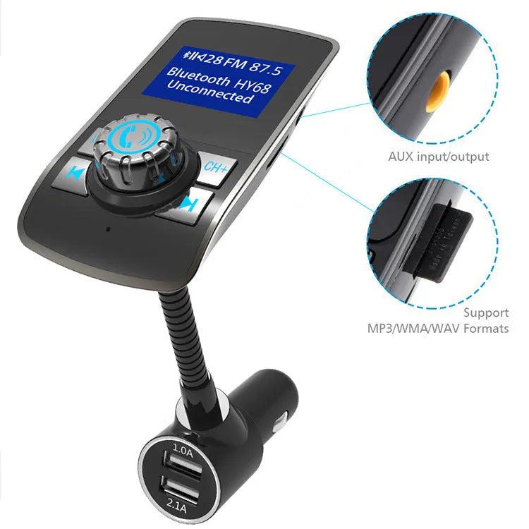 Silver car Bluetooth MP3 FM transmitter with OLED colour screen plugged into cigarette lighter socket