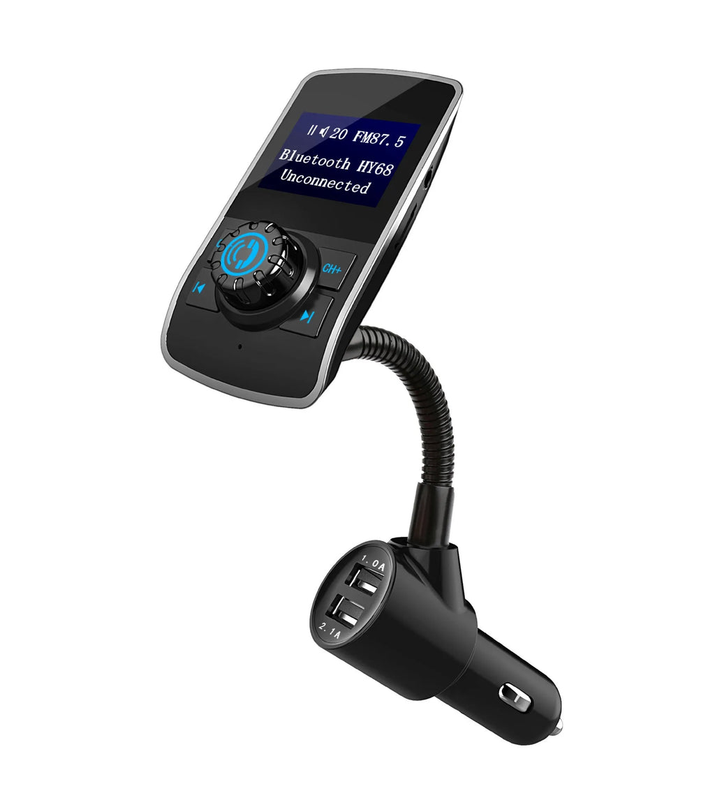 Silver car Bluetooth MP3 FM transmitter with OLED colour screen plugged into cigarette lighter socket
