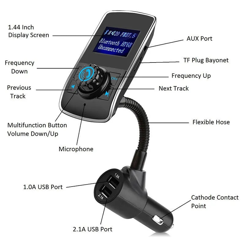 Silver car Bluetooth MP3 FM transmitter with OLED colour screen plugged into cigarette lighter socket