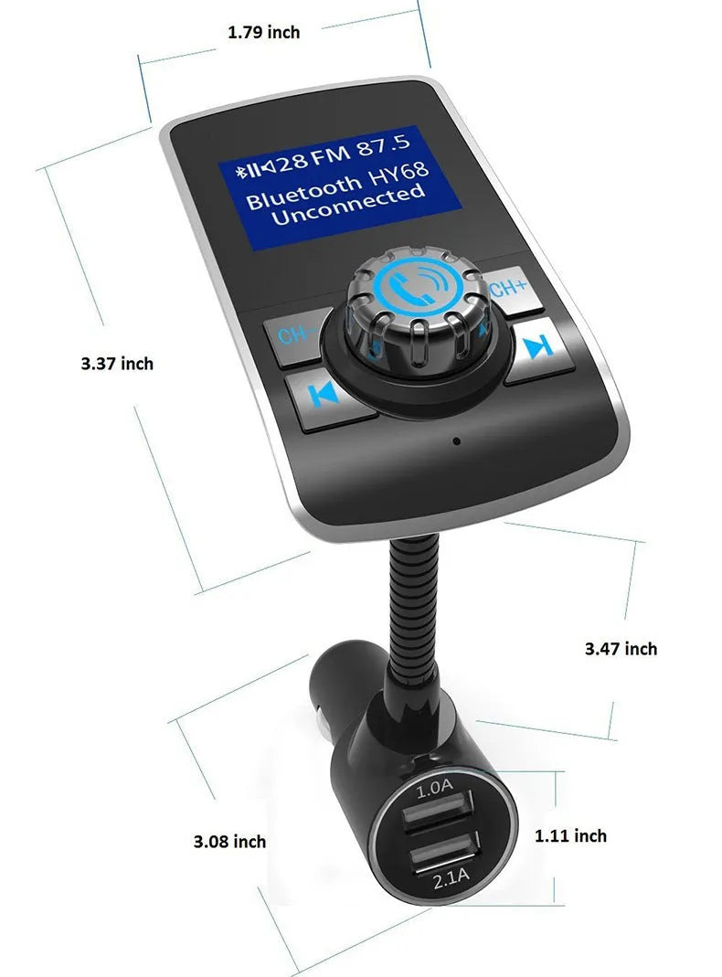 Silver car Bluetooth MP3 FM transmitter with OLED colour screen plugged into cigarette lighter socket
