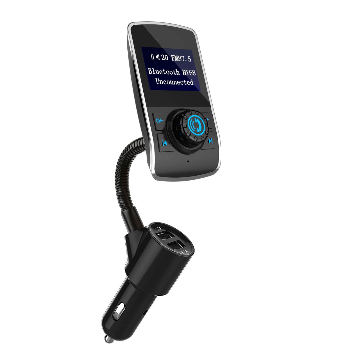 Silver car Bluetooth MP3 FM transmitter with OLED colour screen plugged into cigarette lighter socket