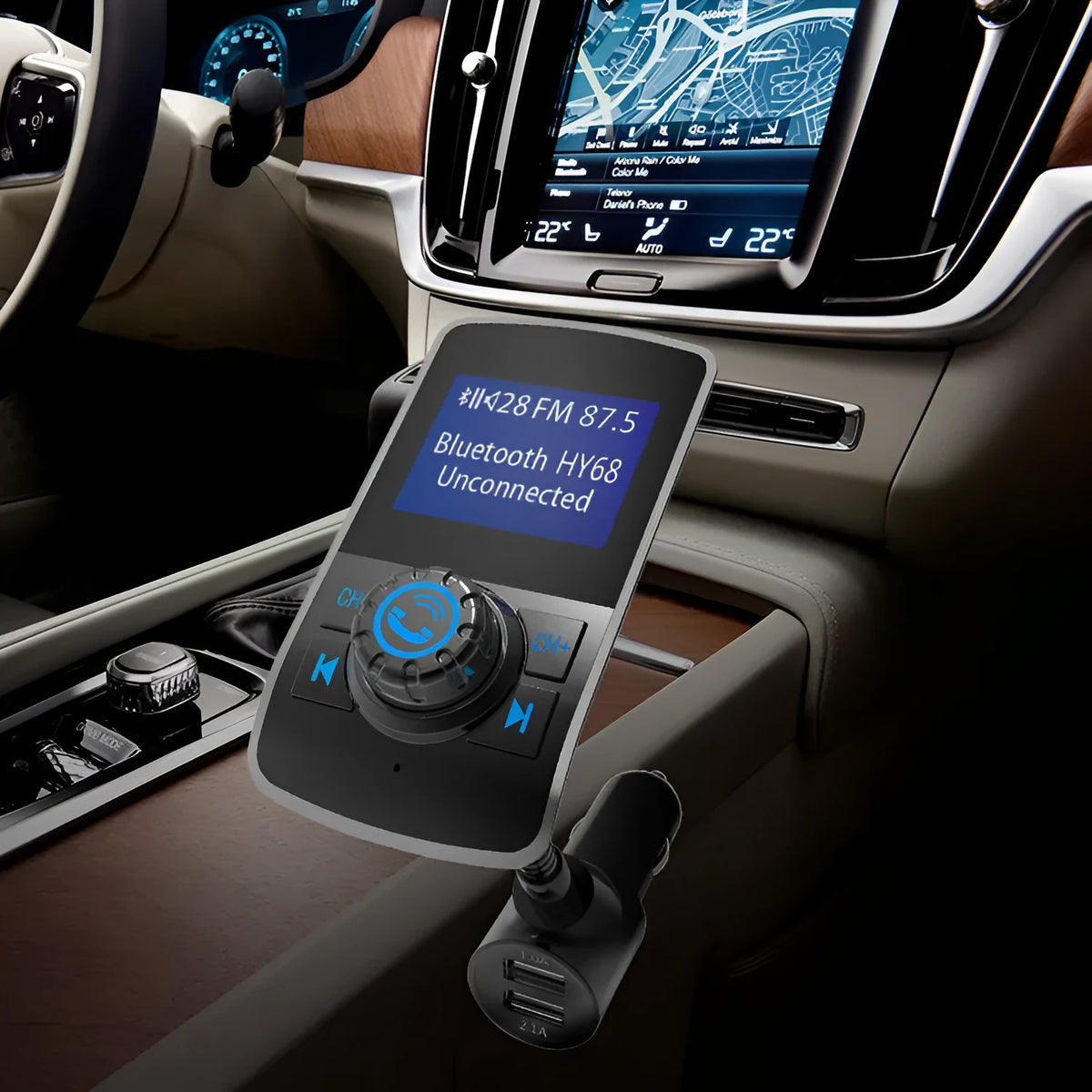 Silver car Bluetooth MP3 FM transmitter with OLED colour screen plugged into cigarette lighter socket