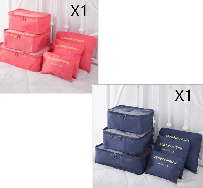 6 PCS travel storage bag set in polyester with handbag shape, multiple colour options for clothes and cosmetic organisation