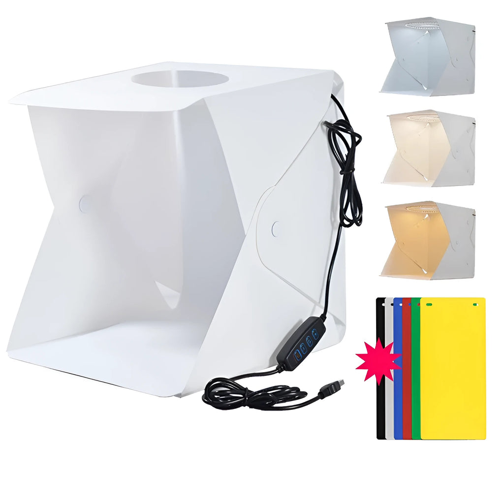 40cm folding photography light box with LED ring light and multiple coloured background cloths setup for product shooting.