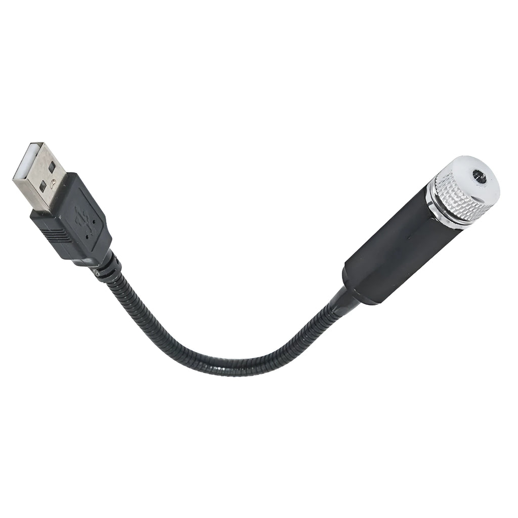 Car roof star light with aluminium housing and USB hose connection showing purple starry sky illumination