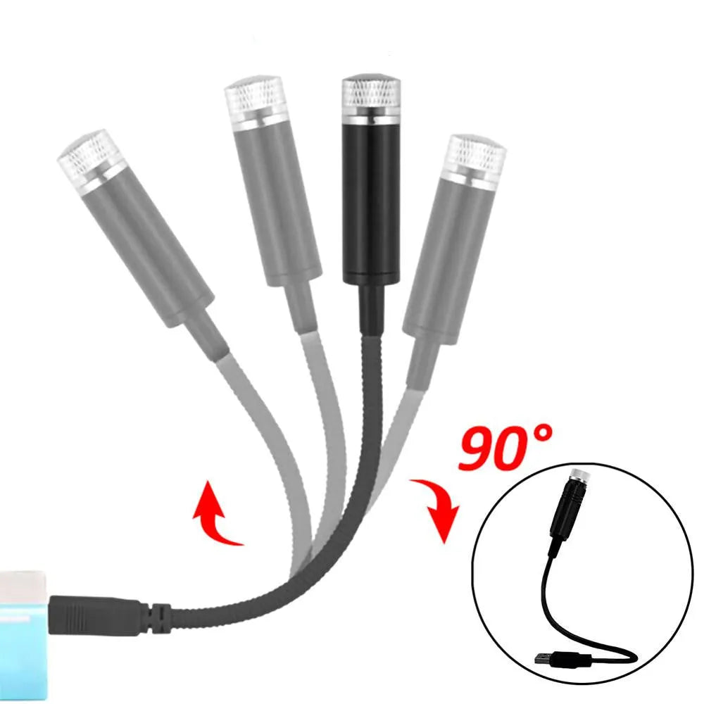 Car roof star light with aluminium housing and USB hose connection showing purple starry sky illumination