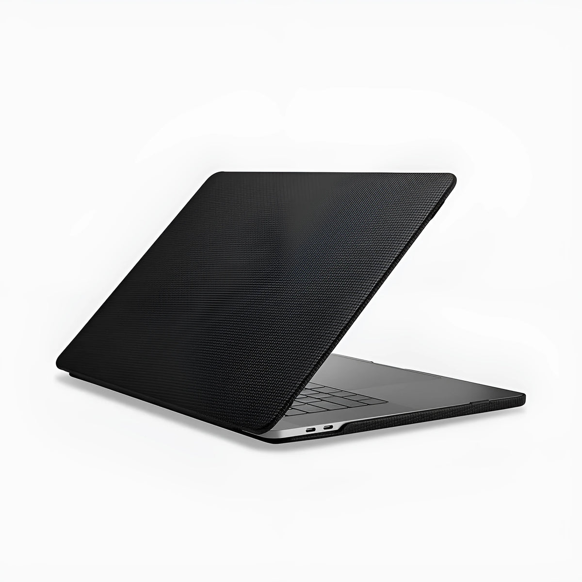 Ultra-thin leather sleeve for Apple MacBook with cross pattern, fits Pro and Air models, black colour option.