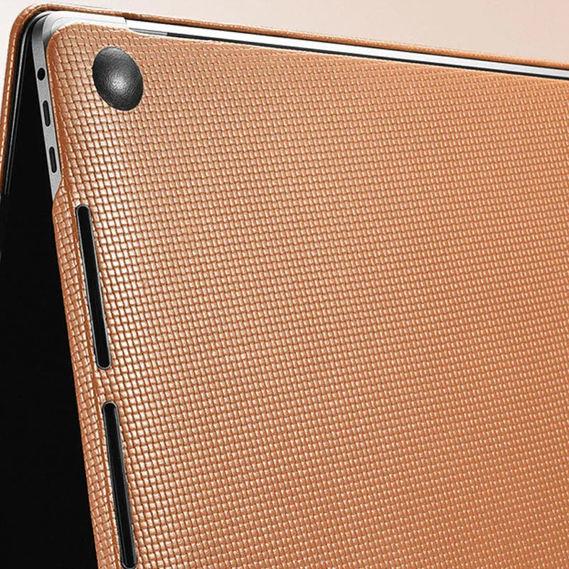 Ultra-thin leather sleeve for Apple MacBook with cross pattern, fits Pro and Air models, black colour option.