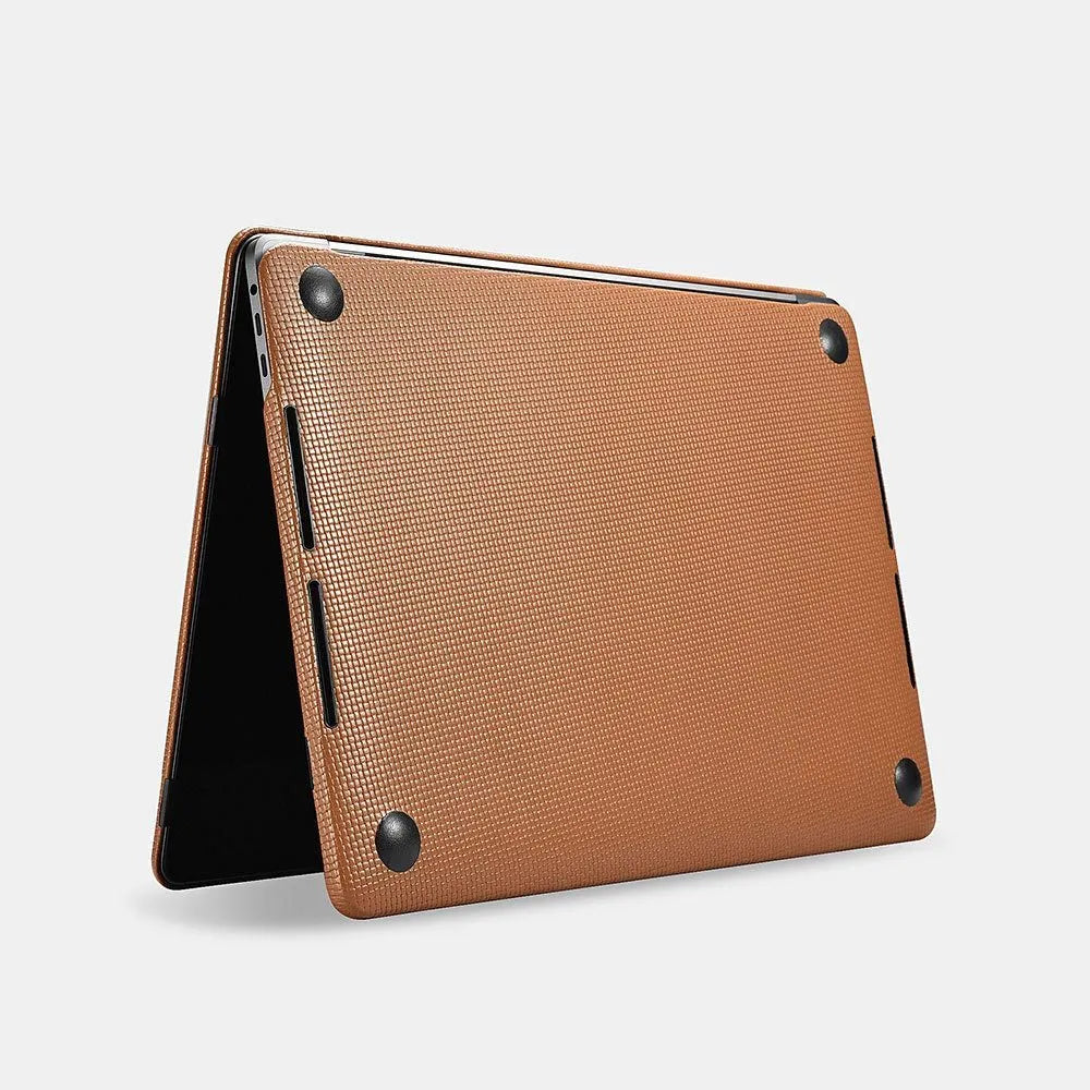 Ultra-thin leather sleeve for Apple MacBook with cross pattern, fits Pro and Air models, black colour option.