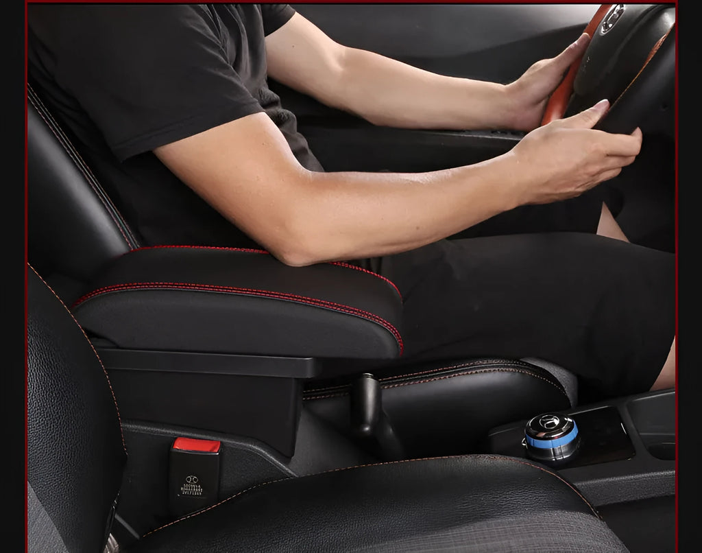 Plastic car armrest box for pure electric vehicles with USB charging and double storage in black and red colour option