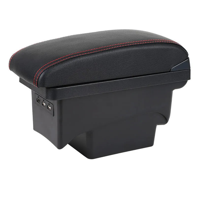 Plastic car armrest box for pure electric vehicles with USB charging and double storage in black and red colour option