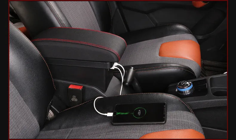 Plastic car armrest box for pure electric vehicles with USB charging and double storage in black and red colour option
