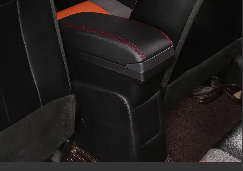 Plastic car armrest box for pure electric vehicles with USB charging and double storage in black and red colour option
