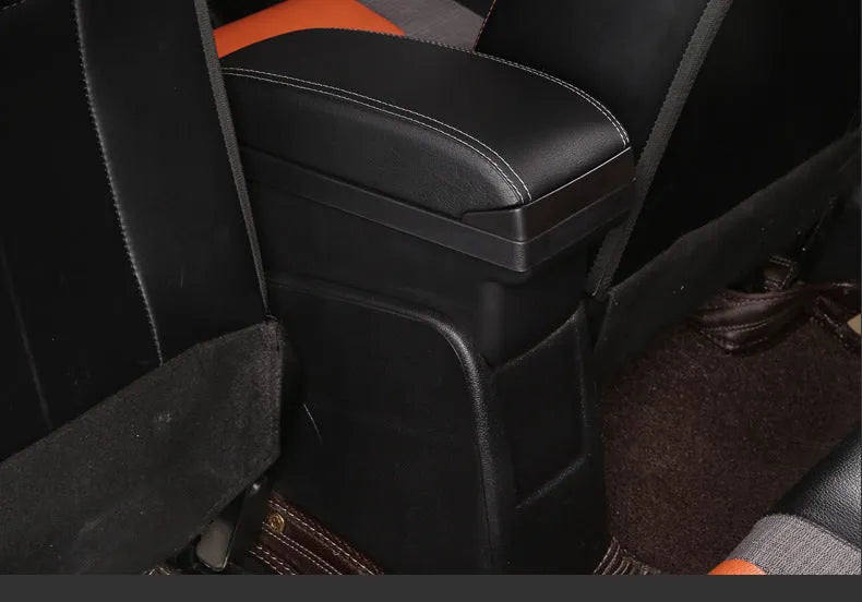 Plastic car armrest box for pure electric vehicles with USB charging and double storage in black and red colour option