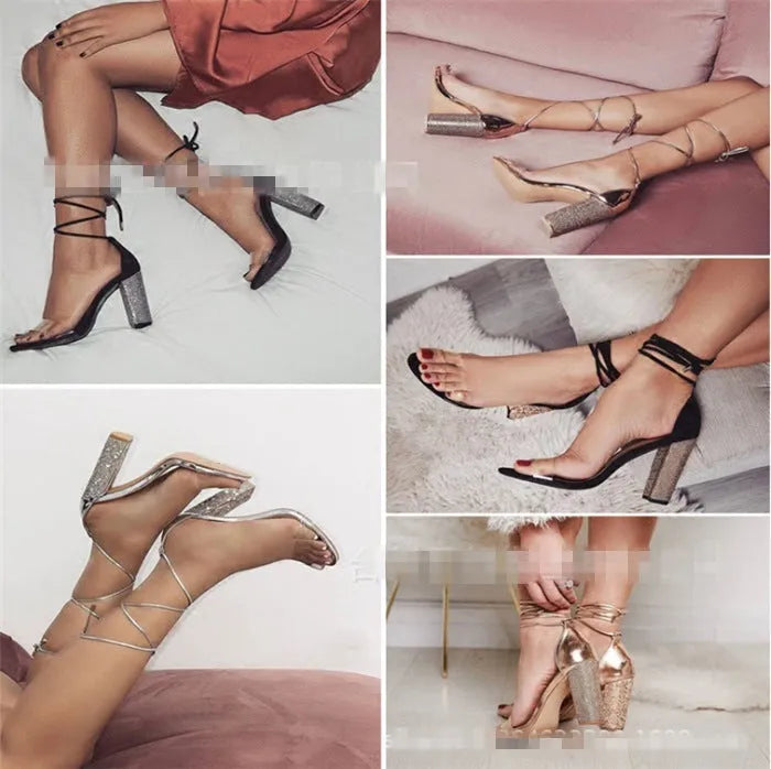 Black and gold plastic pointed toe high heels for women.