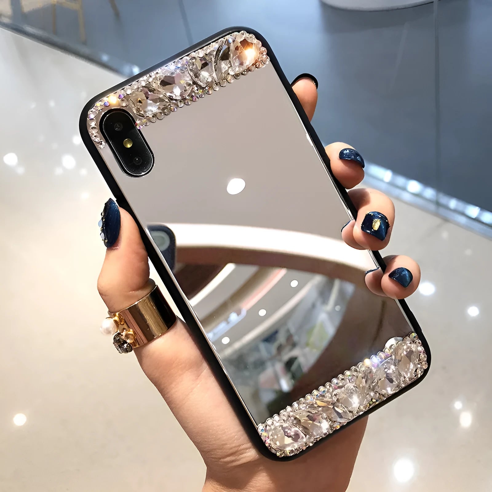 Mirror silver soft shell protective case with handmade rhinestones for iPhone and Samsung phones