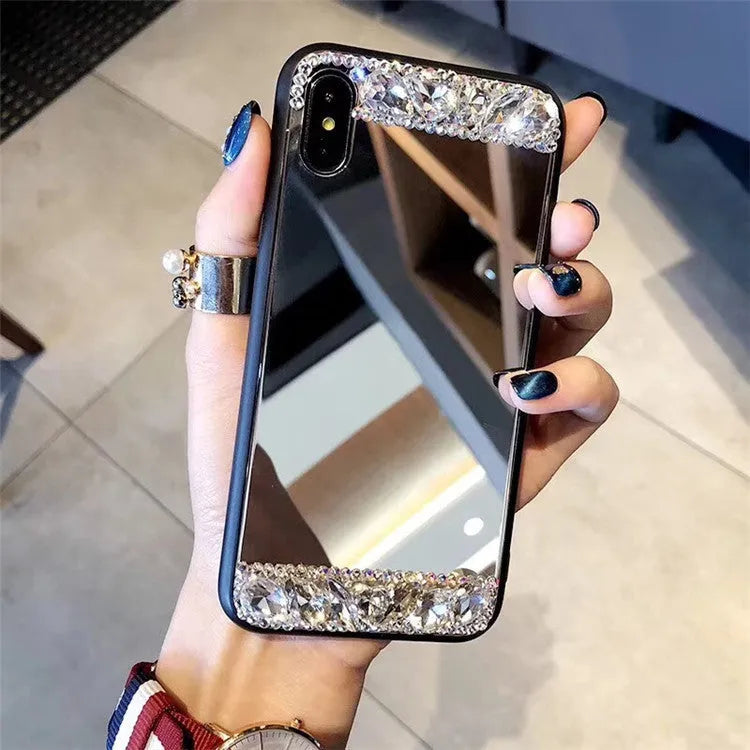Mirror silver soft shell protective case with handmade rhinestones for iPhone and Samsung phones