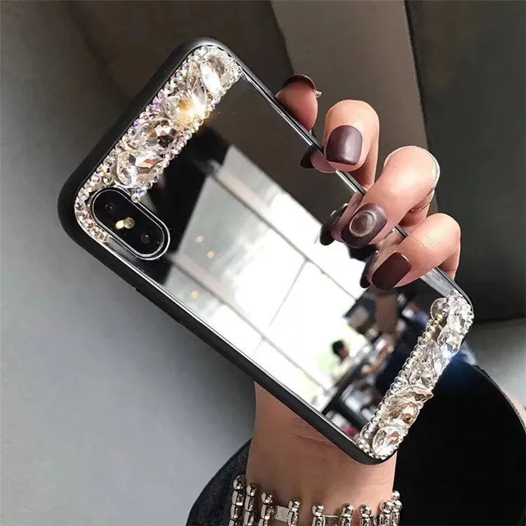 Mirror silver soft shell protective case with handmade rhinestones for iPhone and Samsung phones