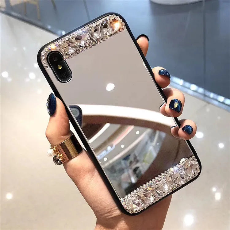 Mirror silver soft shell protective case with handmade rhinestones for iPhone and Samsung phones