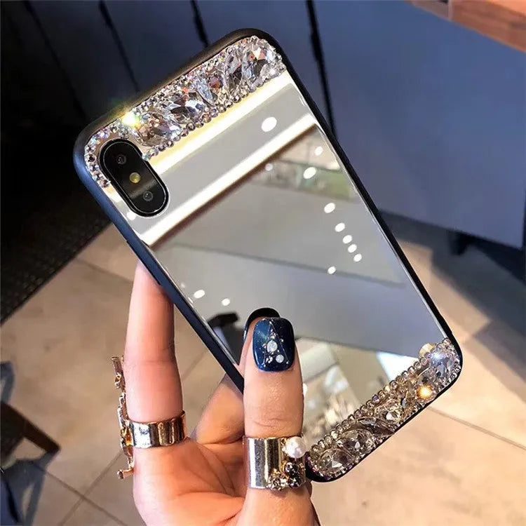 Mirror silver soft shell protective case with handmade rhinestones for iPhone and Samsung phones