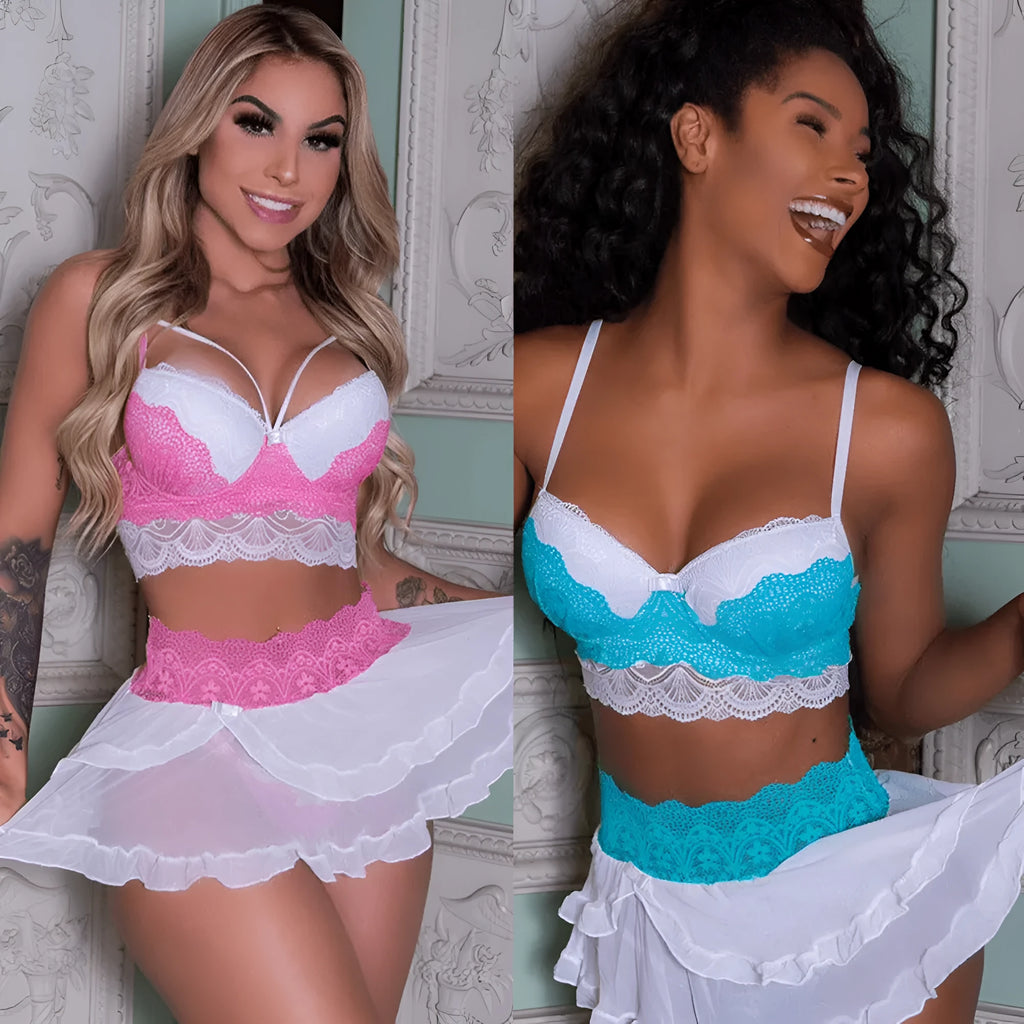 Women's babydoll lingerie set in Light Blue with lace bra, thong, and cotton nylon fabric