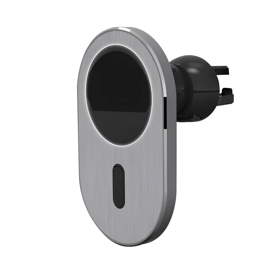 Grey aluminium alloy car magnetic wireless charger with USB-C output for compatible iPhone models