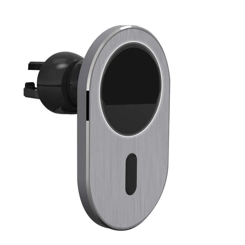 Grey aluminium alloy car magnetic wireless charger with USB-C output for compatible iPhone models