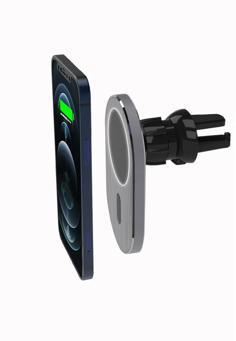 Grey aluminium alloy car magnetic wireless charger with USB-C output for compatible iPhone models