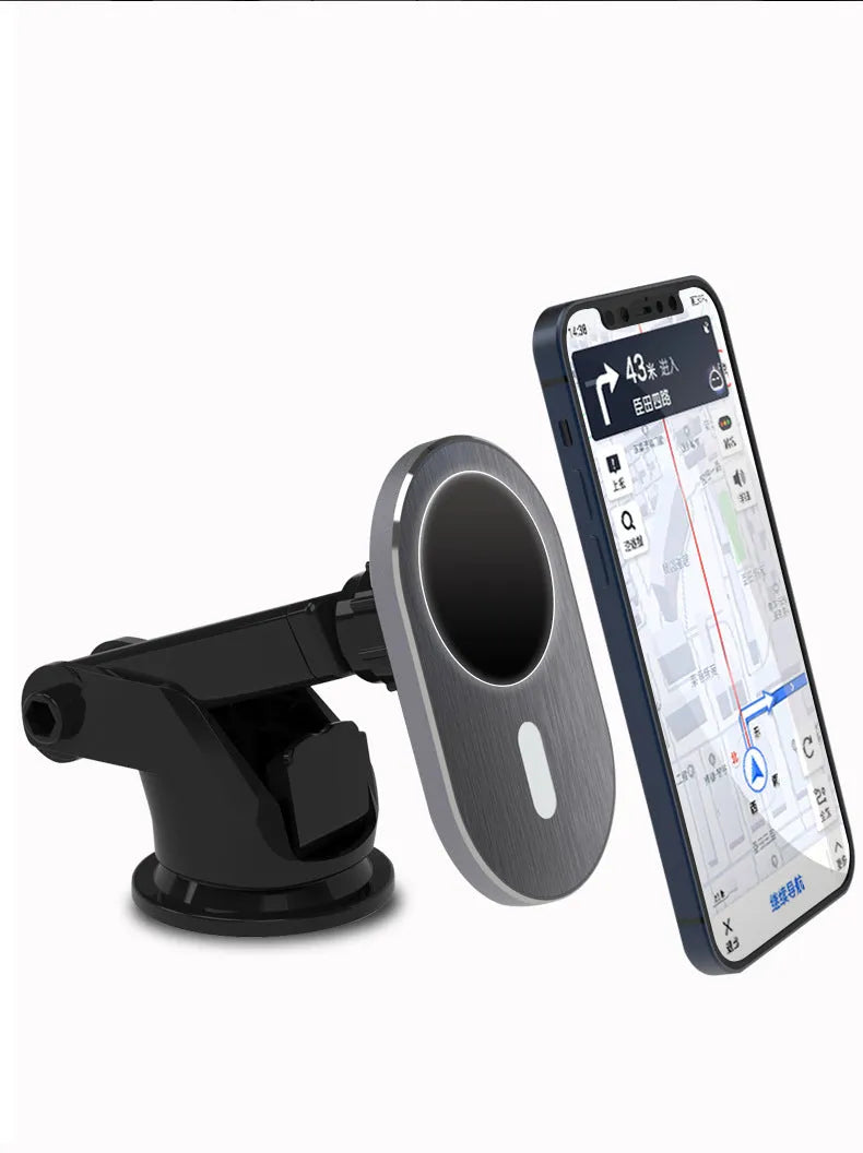 Grey aluminium alloy car magnetic wireless charger with USB-C output for compatible iPhone models
