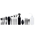 Black plastic and metal succulent gardening tool set with 15 pieces including watering bottle on 75cm square cushion