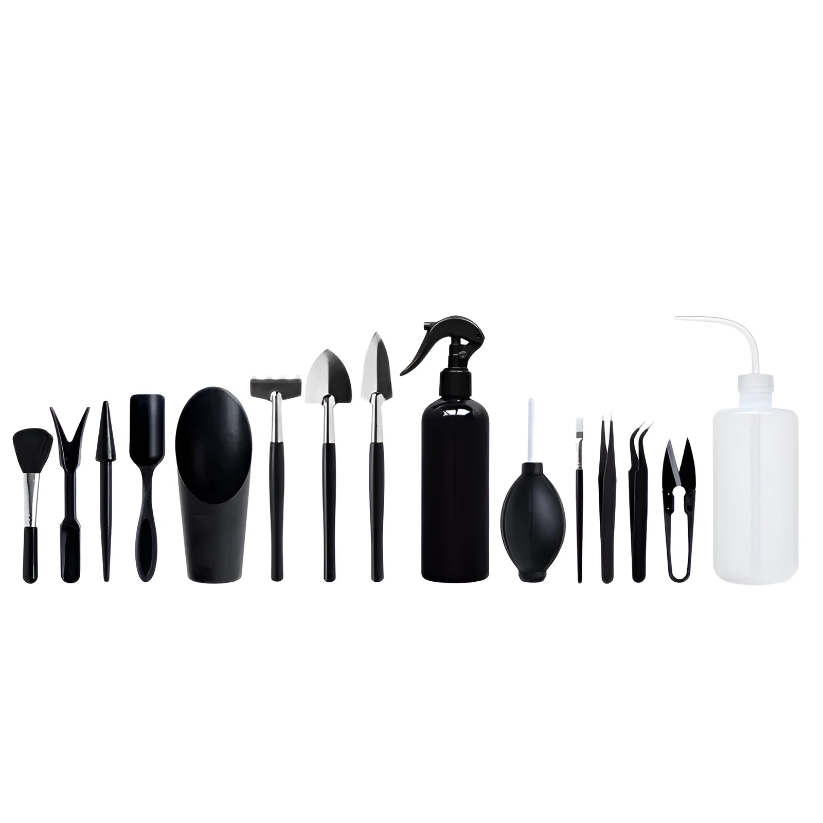 Black plastic and metal succulent gardening tool set with 15 pieces including watering bottle on 75cm square cushion