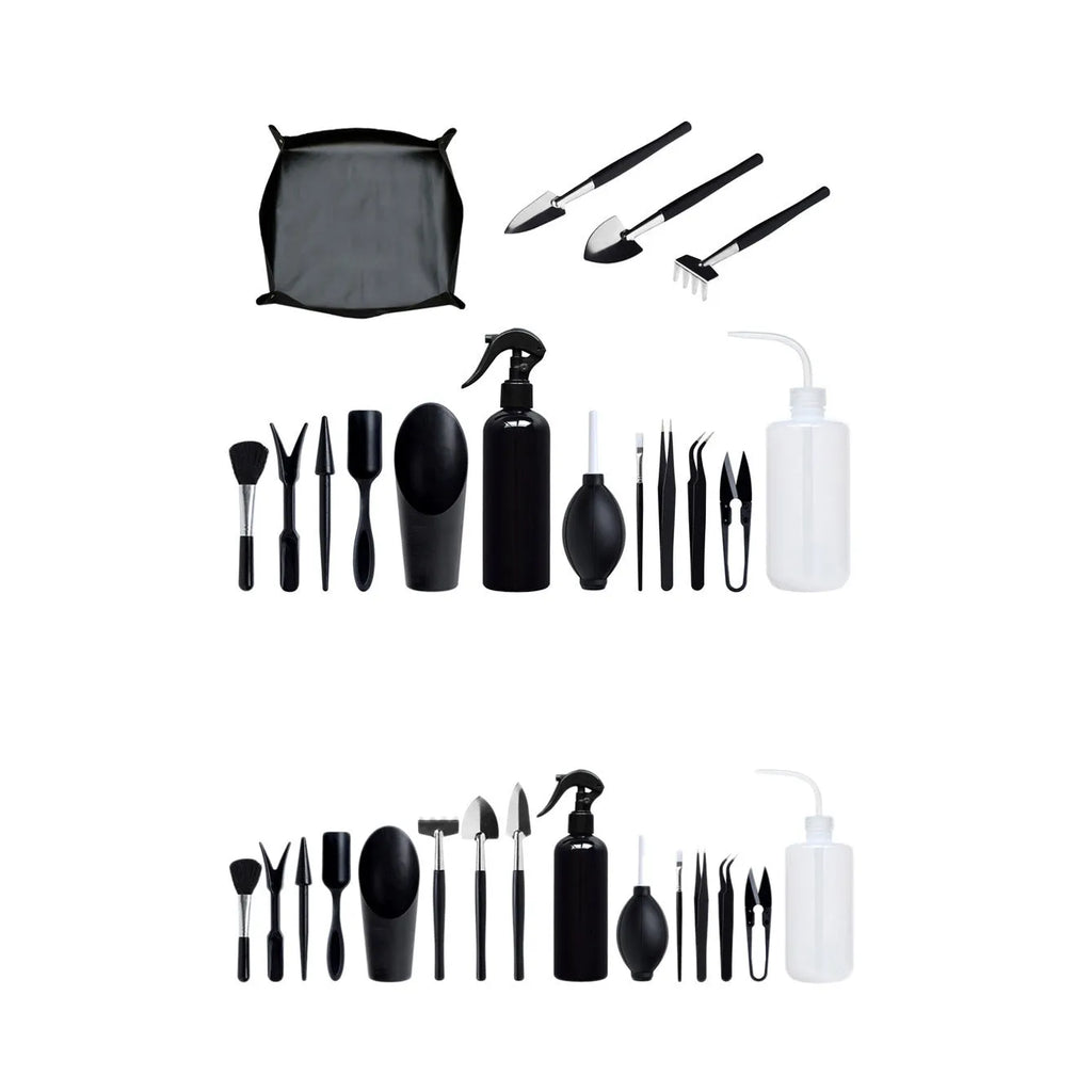 Black plastic and metal succulent gardening tool set with 15 pieces including watering bottle on 75cm square cushion