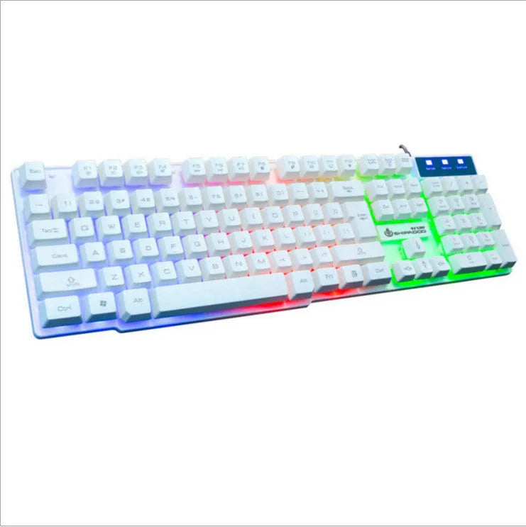 Wired USB keyboard set with metal bottom plate and orange luminescent keys, including mouse