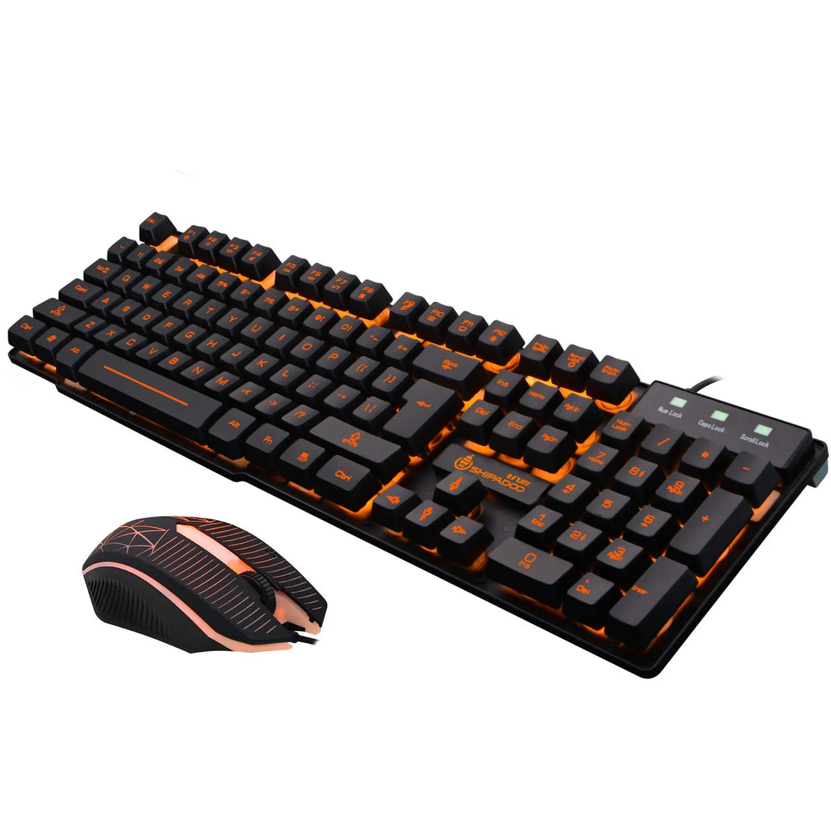 Wired USB keyboard set with metal bottom plate and orange luminescent keys, including mouse