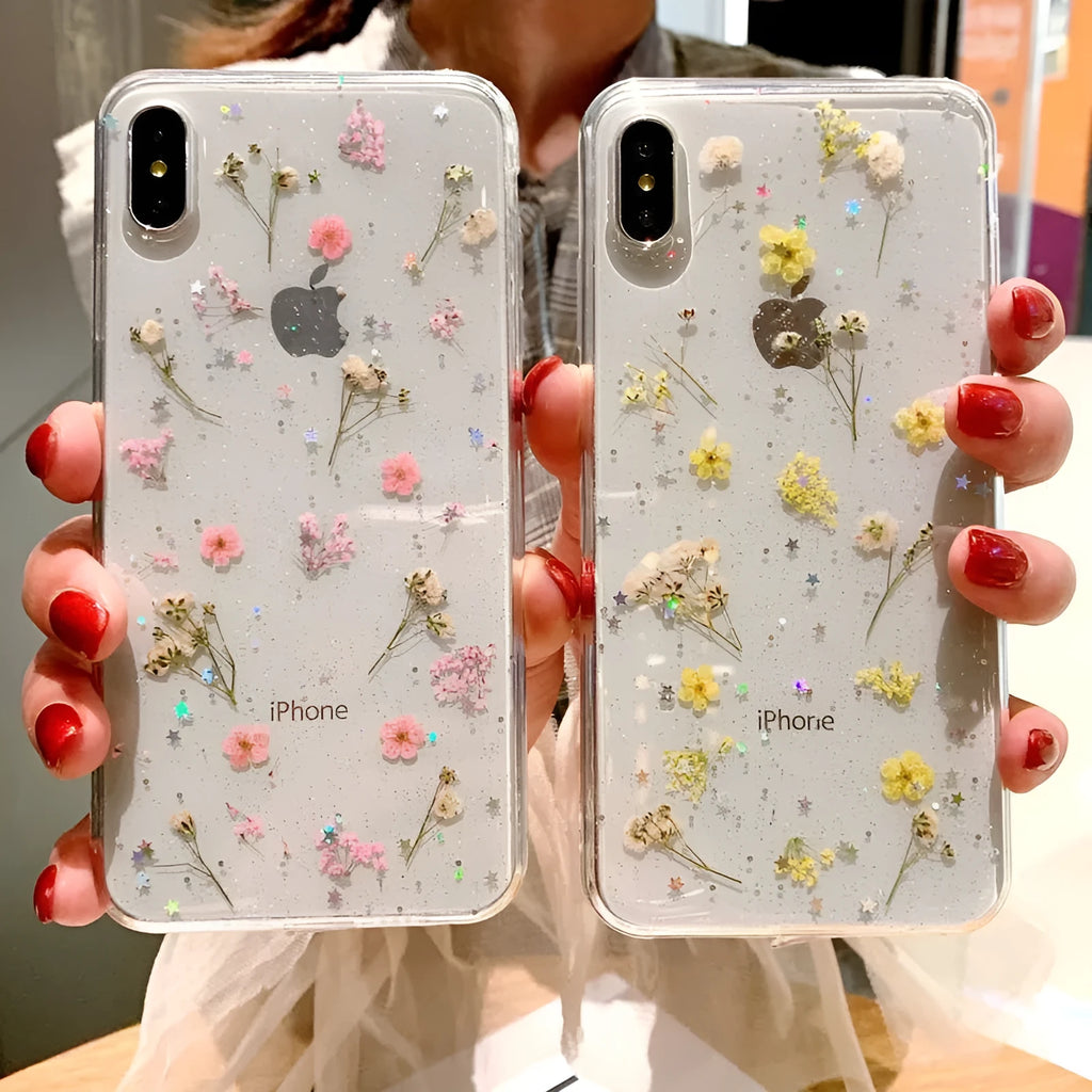 Epoxy glitter dried flower real flower small floral phone case for iPhone in blue with clear flexible TPU back cover