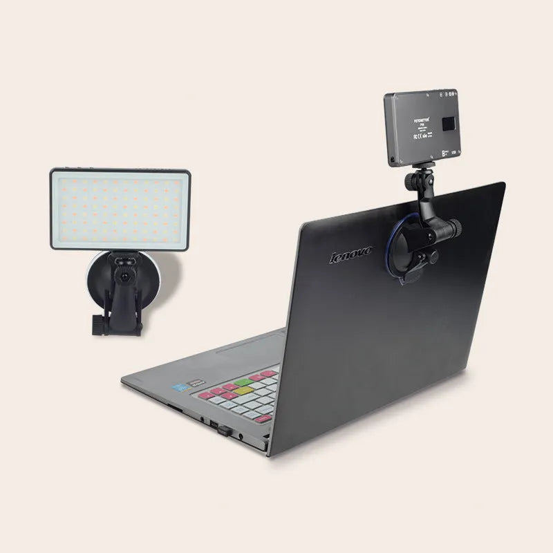 Black aluminium LED video light for laptops, showing 96 LEDs, a Type-C port, and a 1/4-inch mount thread.