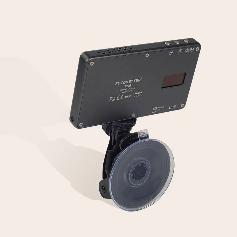 Black aluminium LED video light for laptops, showing 96 LEDs, a Type-C port, and a 1/4-inch mount thread.
