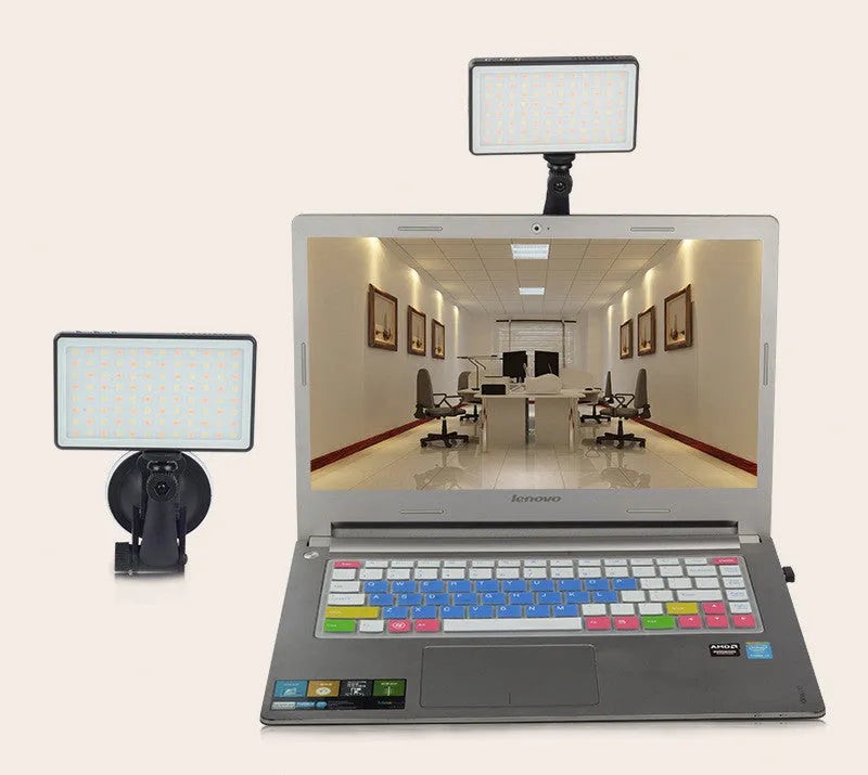 Black aluminium LED video light for laptops, showing 96 LEDs, a Type-C port, and a 1/4-inch mount thread.