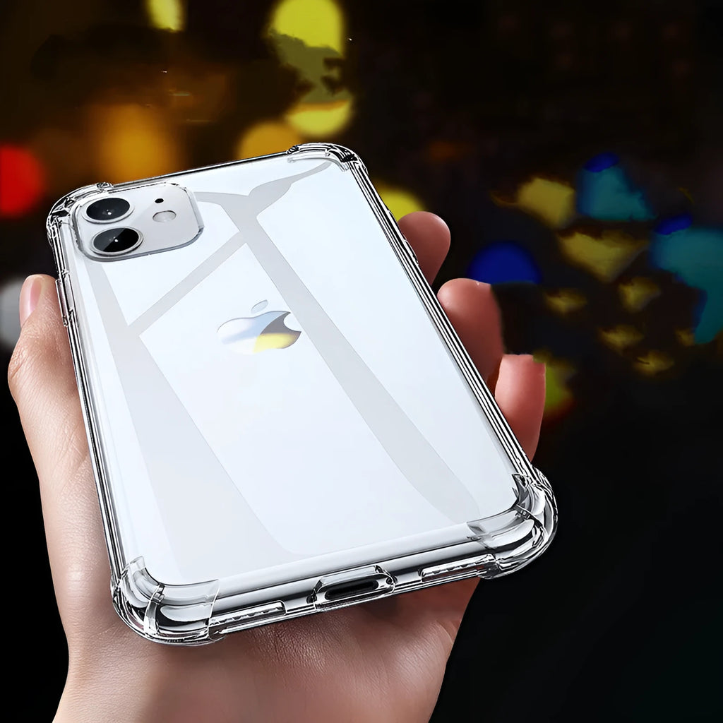 Transparent white TPU silicone iPhone case showing phone compatibility from iPhone 5 to iPhone 13 Pro Max
