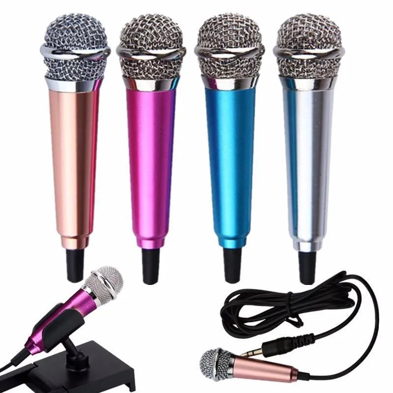 T3 mini condenser wired karaoke microphone with 3.5mm jack in blue, gold, red, and silver colour options.
