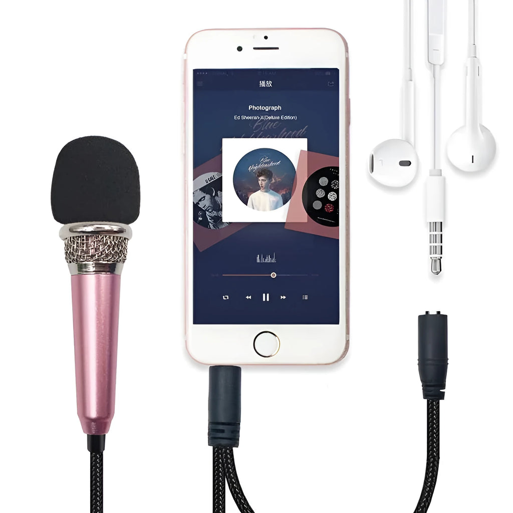 T3 mini condenser wired karaoke microphone with 3.5mm jack in blue, gold, red, and silver colour options.