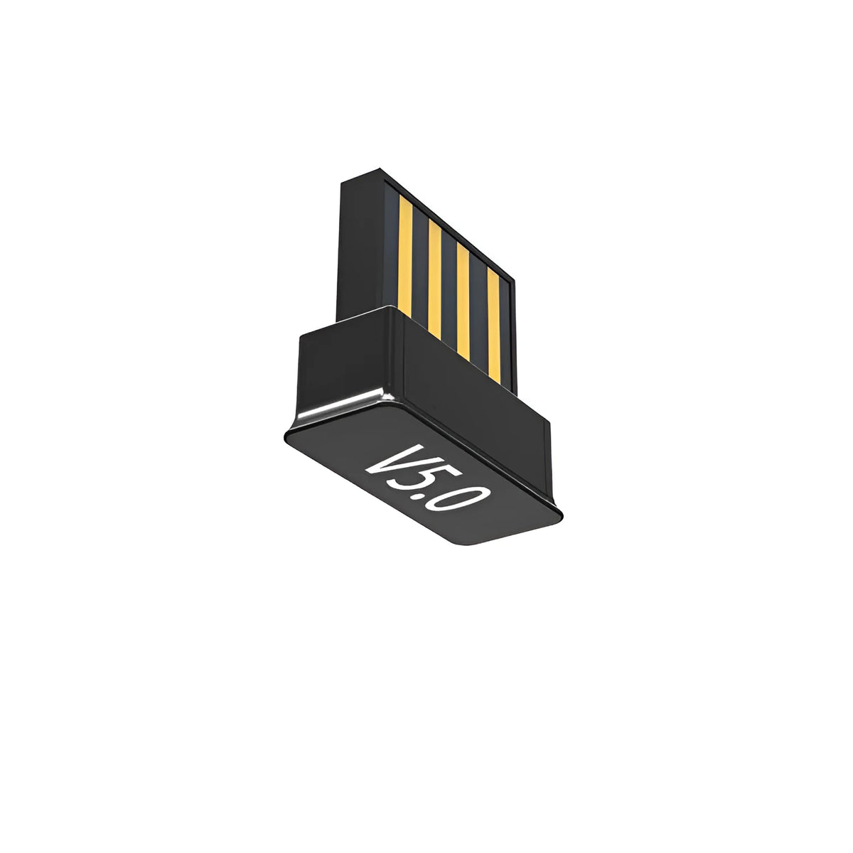 Mini Bluetooth 5.0 USB audio transmitter adapter in black, measuring 13mm by 14mm by 6mm